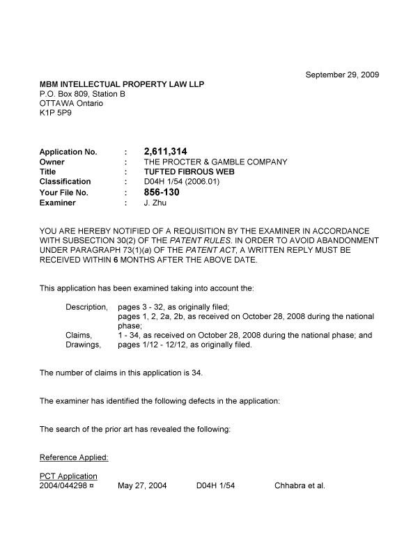 Canadian Patent Document 2611314. Prosecution-Amendment 20081229. Image 1 of 3