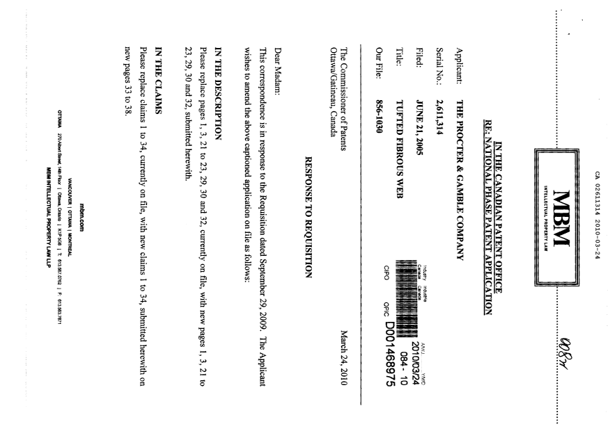 Canadian Patent Document 2611314. Prosecution-Amendment 20091224. Image 1 of 21