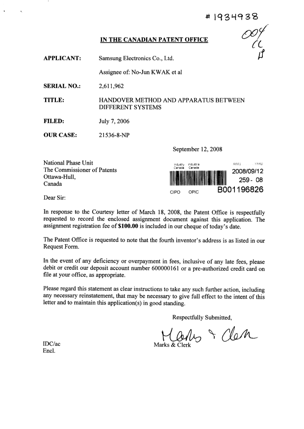 Document de brevet canadien 2611962. Cession 20080912. Image 1 de 4