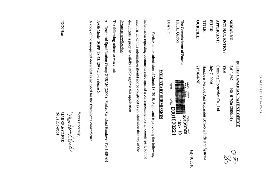 Canadian Patent Document 2611962. Prosecution-Amendment 20100709. Image 1 of 1