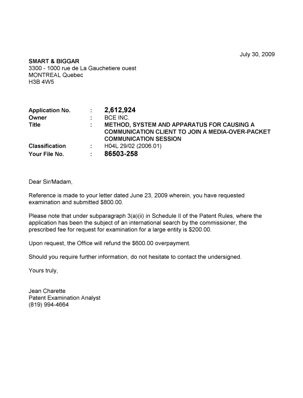 Document de brevet canadien 2612924. Poursuite-Amendment 20090730. Image 1 de 1