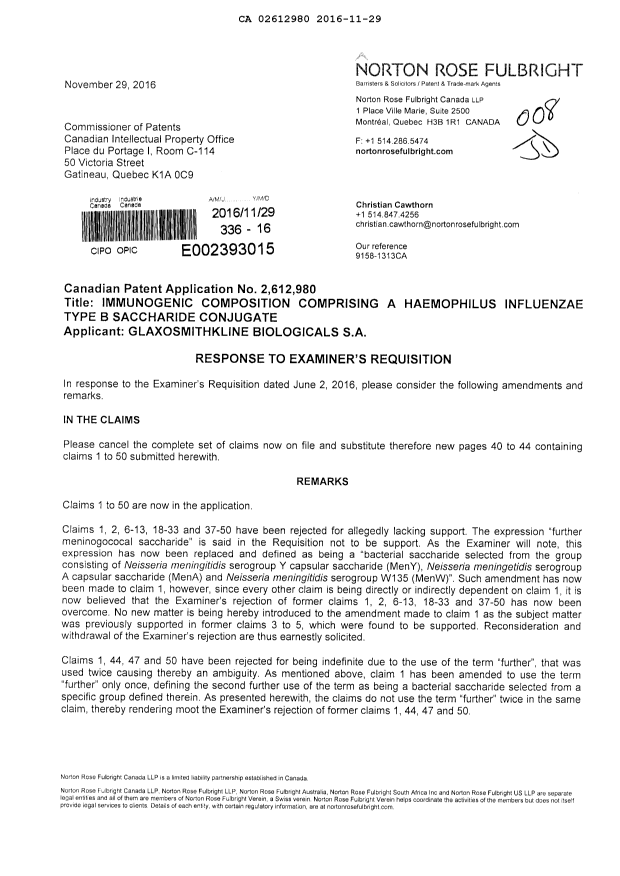 Canadian Patent Document 2612980. Amendment 20161129. Image 1 of 7