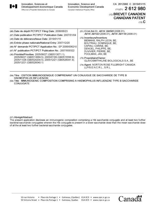 Canadian Patent Document 2612980. Cover Page 20181217. Image 1 of 1