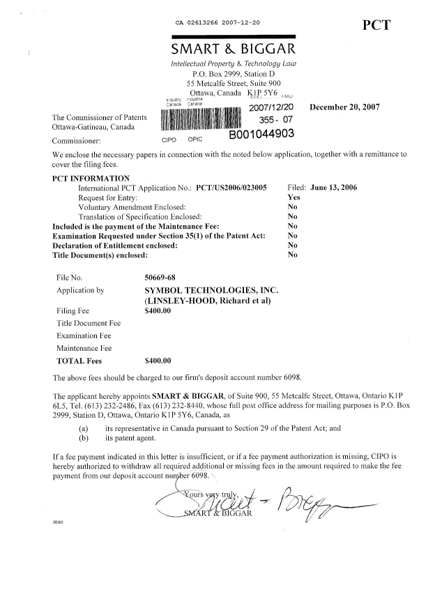Document de brevet canadien 2613266. Cession 20071220. Image 1 de 3