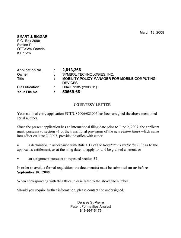 Document de brevet canadien 2613266. Correspondance 20080317. Image 1 de 1
