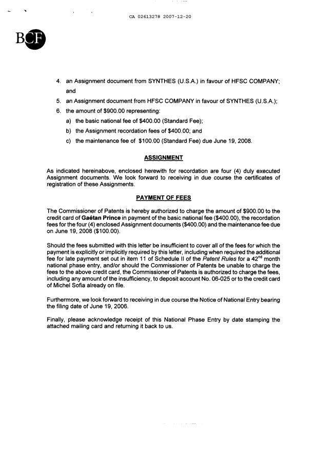 Document de brevet canadien 2613278. Cession 20061220. Image 2 de 18