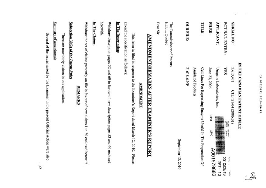 Canadian Patent Document 2613471. Prosecution-Amendment 20100913. Image 1 of 15