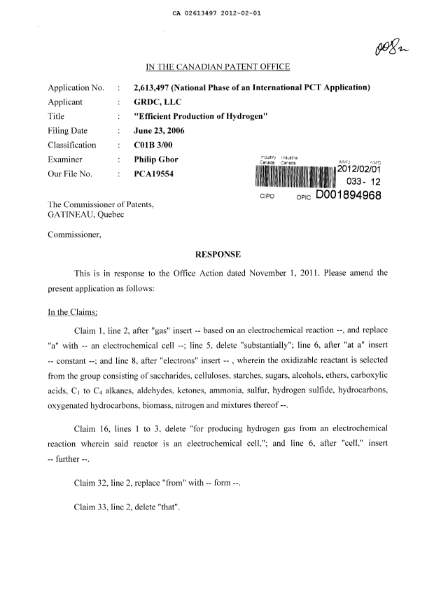 Canadian Patent Document 2613497. Prosecution-Amendment 20111201. Image 1 of 12