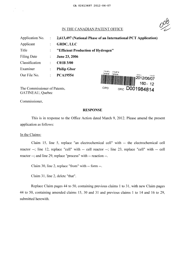 Canadian Patent Document 2613497. Prosecution-Amendment 20111207. Image 1 of 9