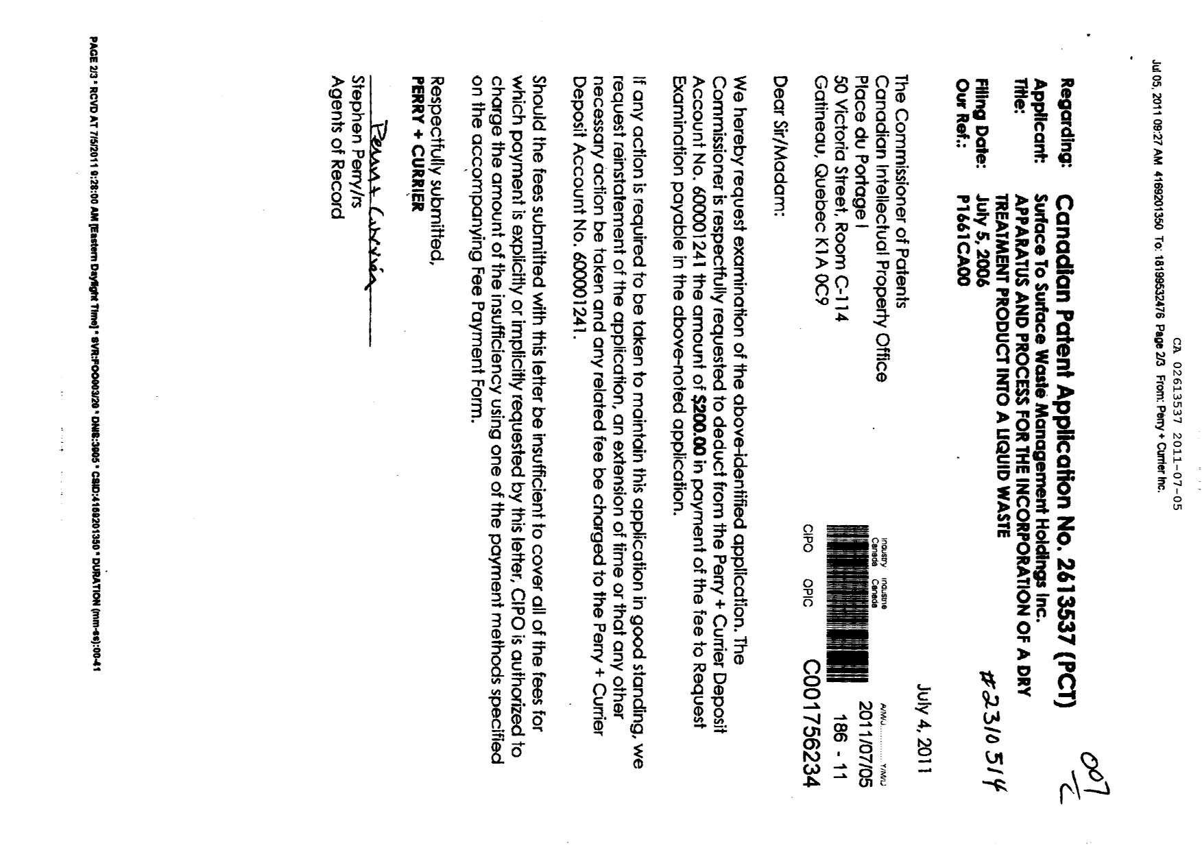 Canadian Patent Document 2613537. Prosecution-Amendment 20101205. Image 1 of 2