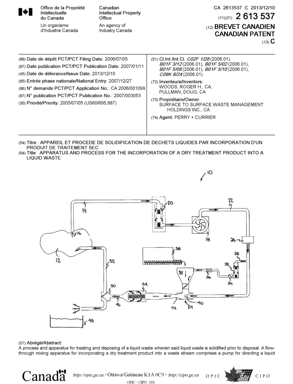 Canadian Patent Document 2613537. Cover Page 20121212. Image 1 of 2