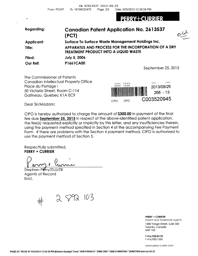 Canadian Patent Document 2613537. Correspondence 20121225. Image 1 of 2