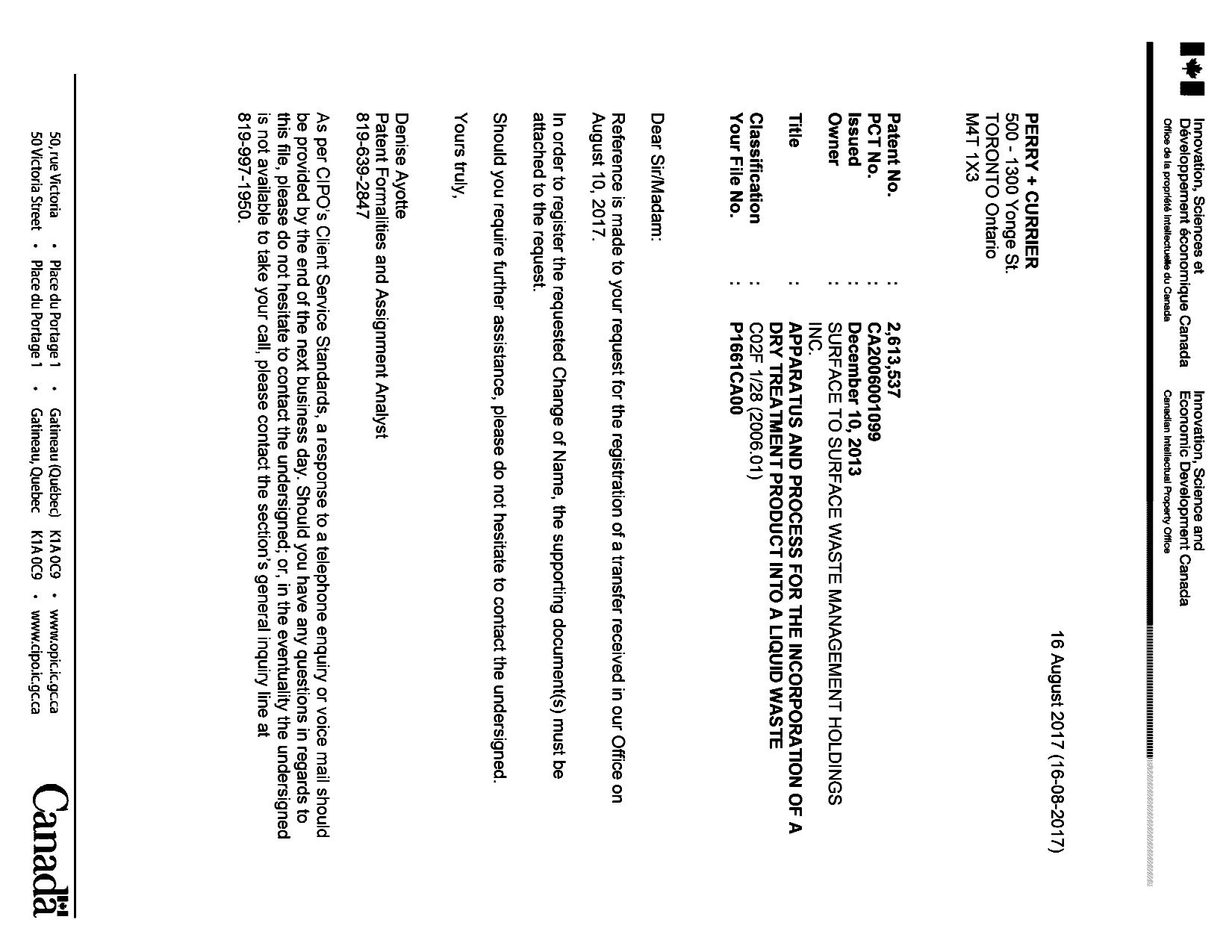 Canadian Patent Document 2613537. Correspondence 20161216. Image 1 of 1