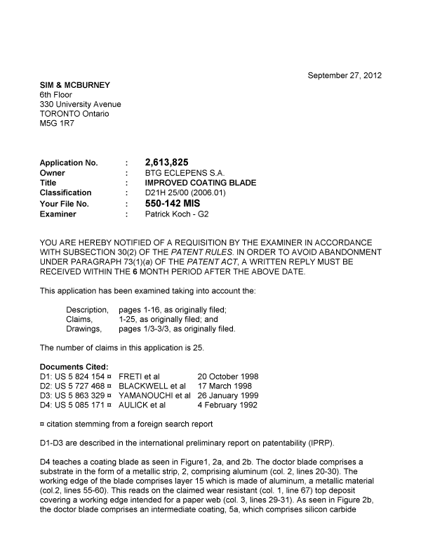 Canadian Patent Document 2613825. Prosecution-Amendment 20120927. Image 1 of 3