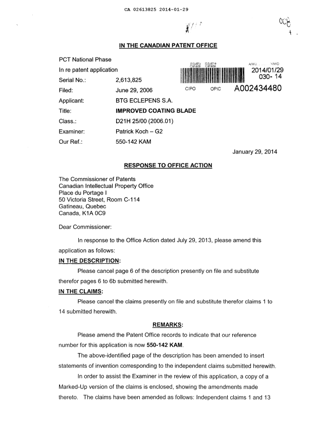 Canadian Patent Document 2613825. Prosecution-Amendment 20140129. Image 1 of 13