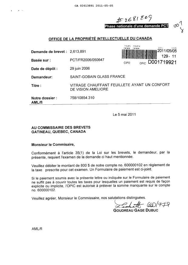 Canadian Patent Document 2613891. Prosecution-Amendment 20110505. Image 1 of 1