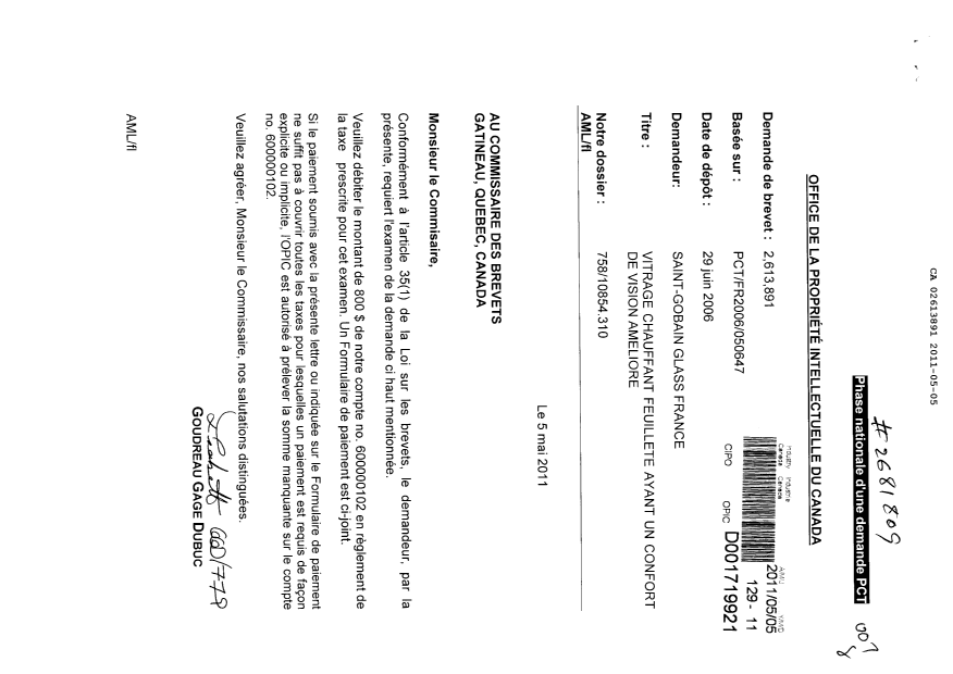 Canadian Patent Document 2613891. Prosecution-Amendment 20110505. Image 1 of 1