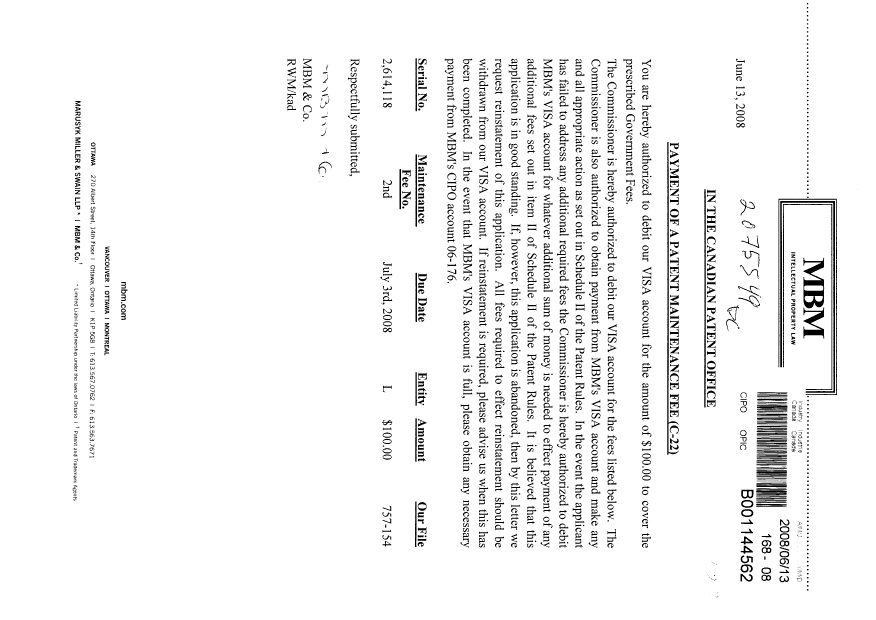 Canadian Patent Document 2614118. Fees 20080613. Image 1 of 1