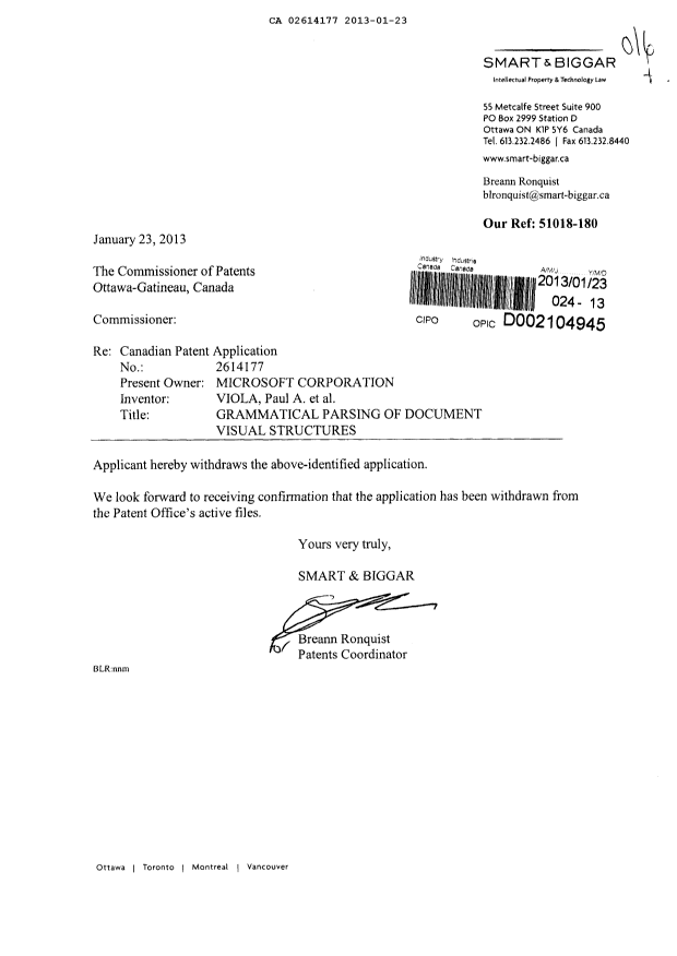 Canadian Patent Document 2614177. Correspondence 20121223. Image 1 of 1