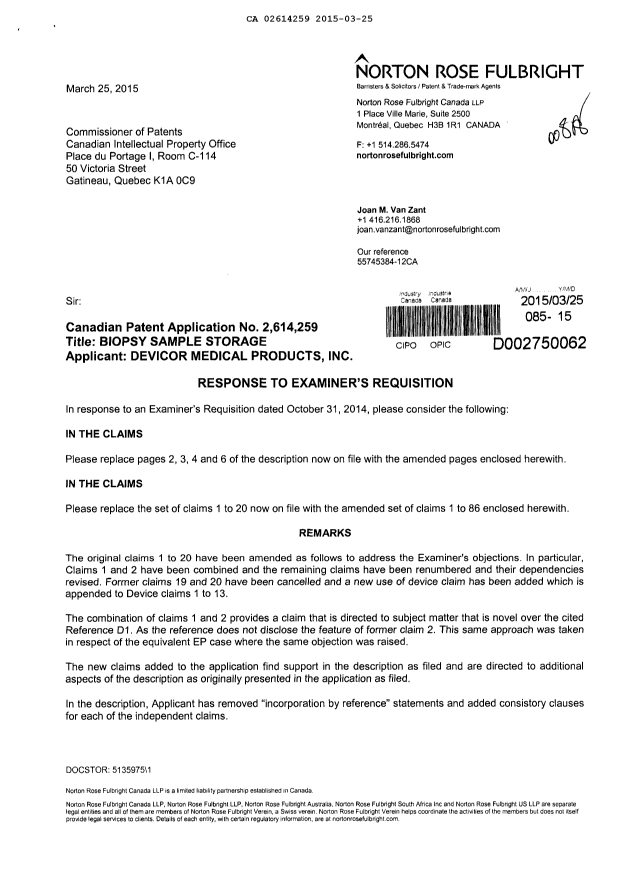 Canadian Patent Document 2614259. Prosecution-Amendment 20150325. Image 1 of 22