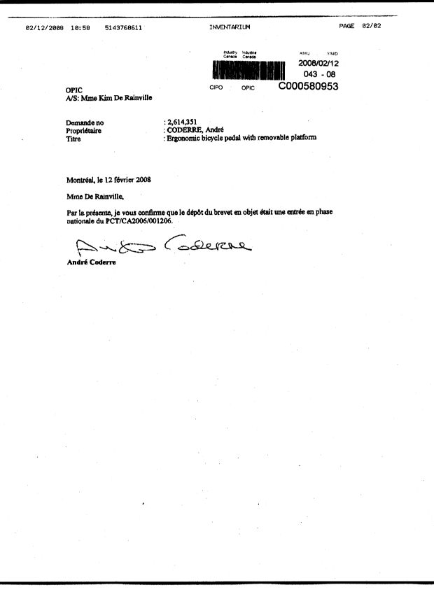Document de brevet canadien 2614351. Correspondance 20071212. Image 1 de 1