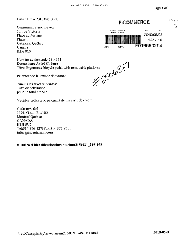 Document de brevet canadien 2614351. Correspondance 20091203. Image 1 de 1