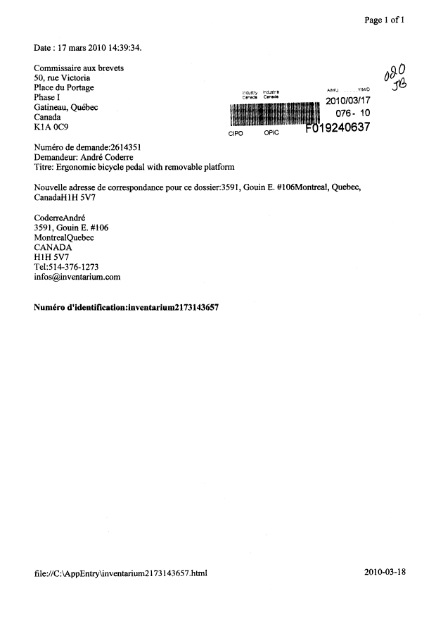 Document de brevet canadien 2614351. Correspondance 20091217. Image 1 de 1