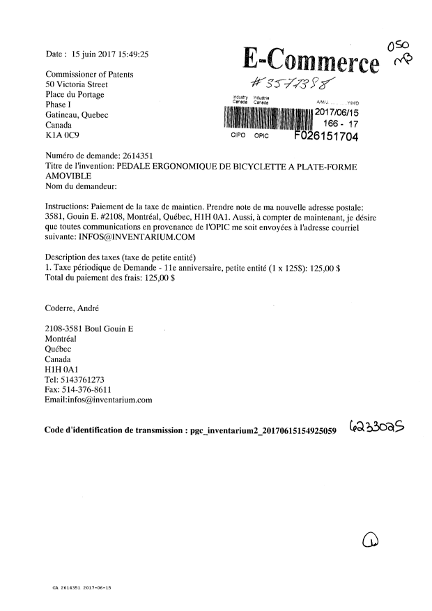 Document de brevet canadien 2614351. Taxes 20161215. Image 1 de 1