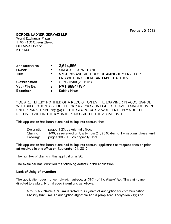 Document de brevet canadien 2614596. Poursuite-Amendment 20130206. Image 1 de 2
