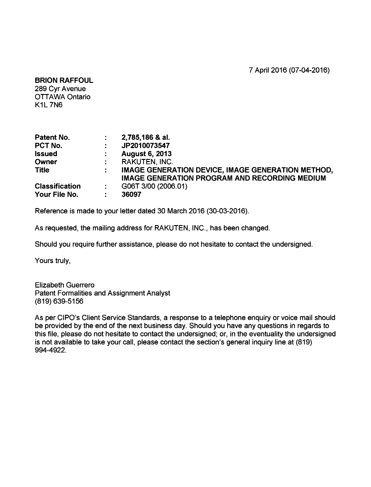 Canadian Patent Document 2614890. Office Letter 20160407. Image 1 of 1