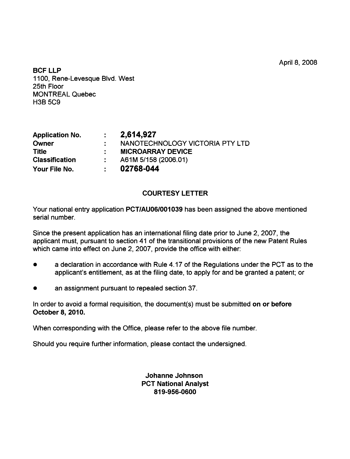 Canadian Patent Document 2614927. Correspondence 20071208. Image 1 of 1