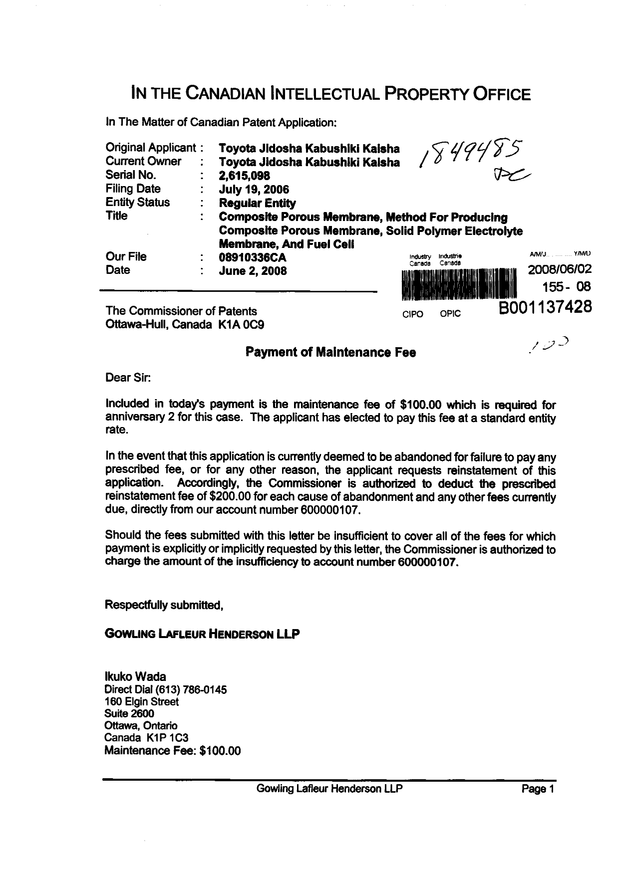 Canadian Patent Document 2615098. Fees 20071202. Image 1 of 1