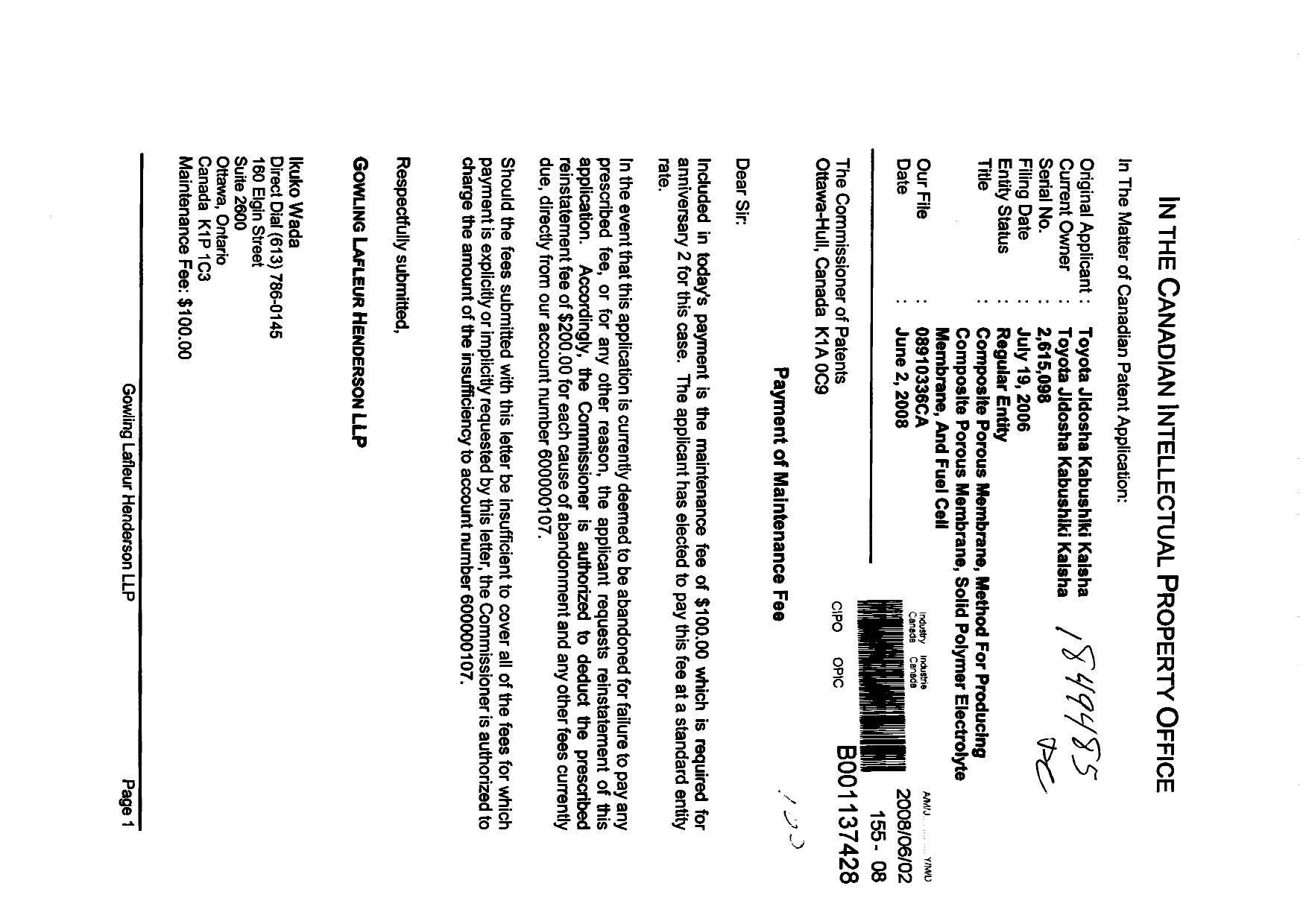 Canadian Patent Document 2615098. Fees 20071202. Image 1 of 1