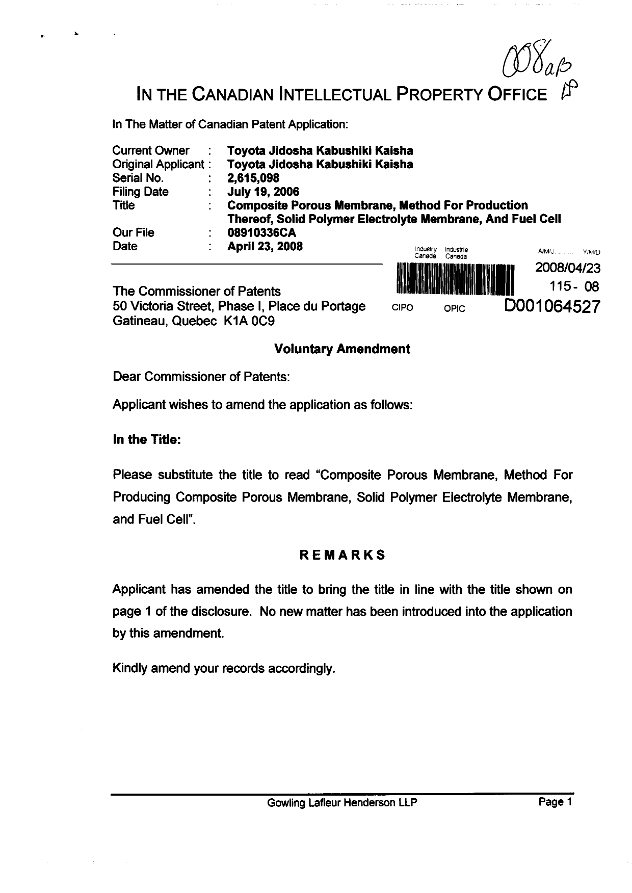 Canadian Patent Document 2615098. Prosecution-Amendment 20071223. Image 1 of 2