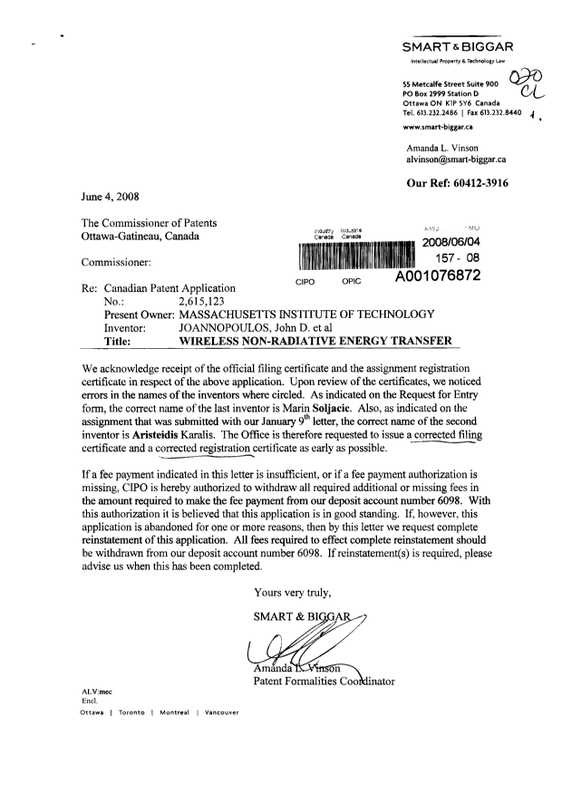 Canadian Patent Document 2615123. Correspondence 20080604. Image 1 of 3