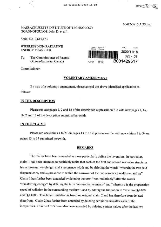 Document de brevet canadien 2615123. Poursuite-Amendment 20091118. Image 1 de 12