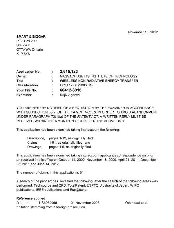 Document de brevet canadien 2615123. Poursuite-Amendment 20121115. Image 1 de 4