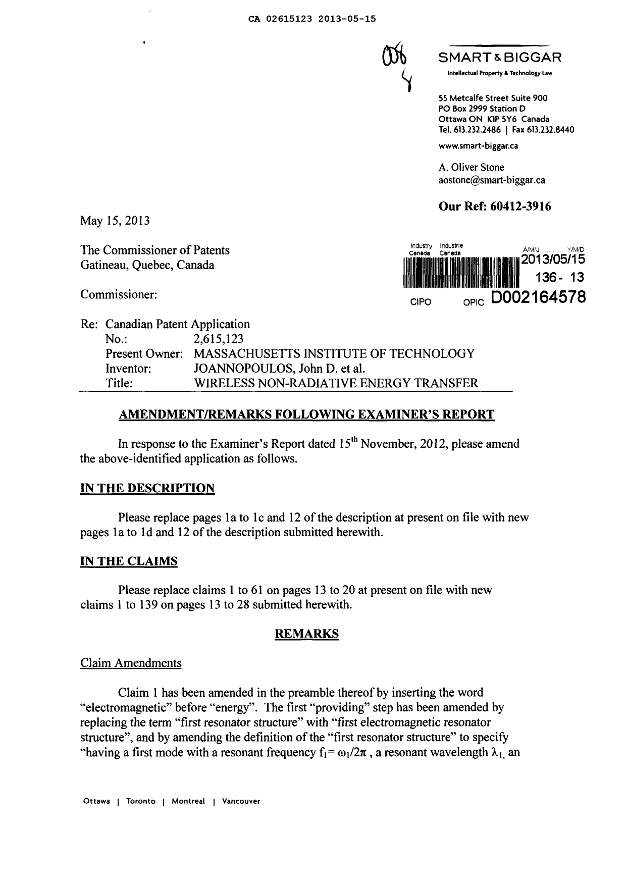 Canadian Patent Document 2615123. Prosecution-Amendment 20130515. Image 1 of 32