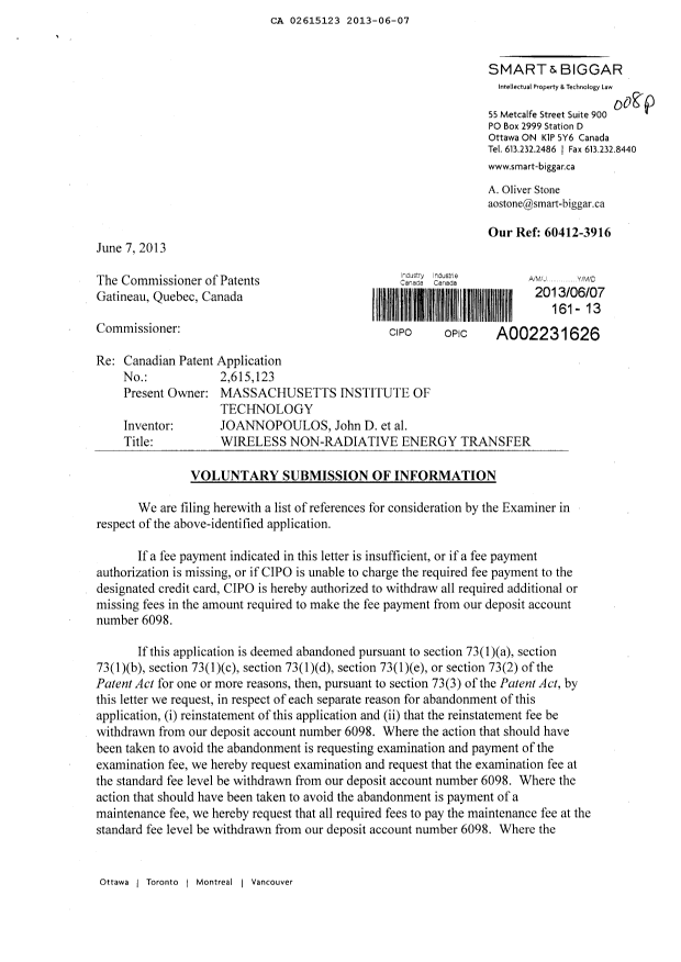 Document de brevet canadien 2615123. Poursuite-Amendment 20130607. Image 1 de 2