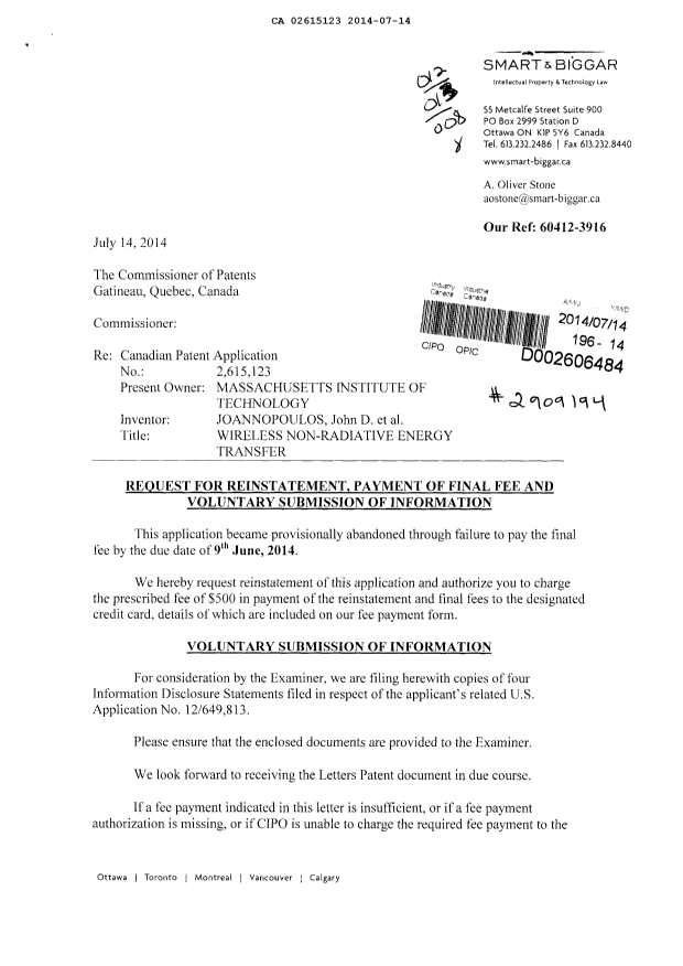 Document de brevet canadien 2615123. Correspondance 20140714. Image 1 de 2