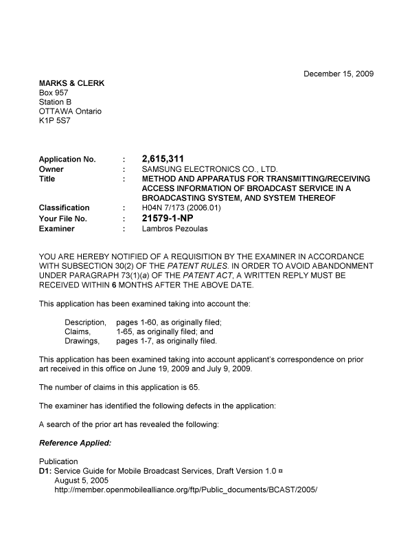 Canadian Patent Document 2615311. Prosecution-Amendment 20091215. Image 1 of 4