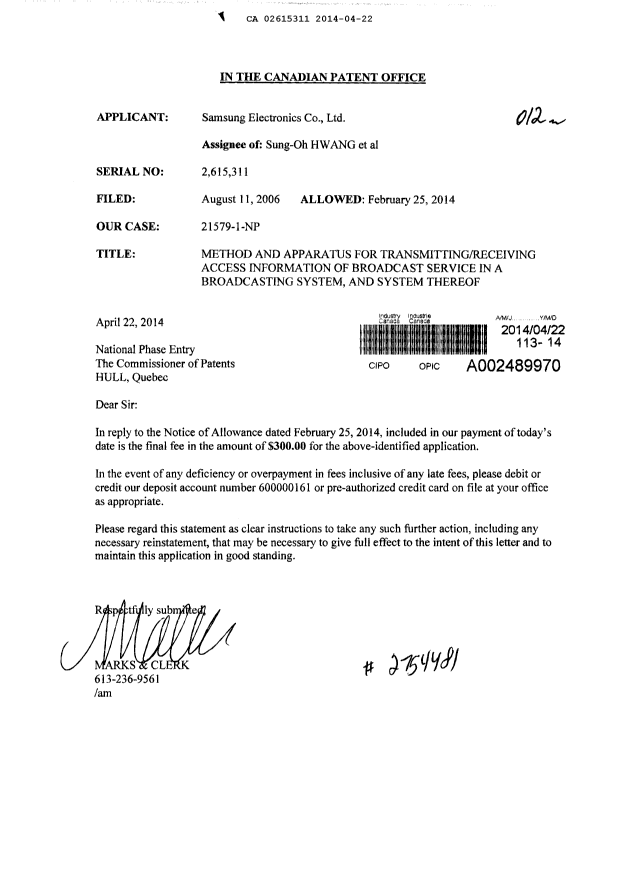 Document de brevet canadien 2615311. Correspondance 20140422. Image 1 de 1