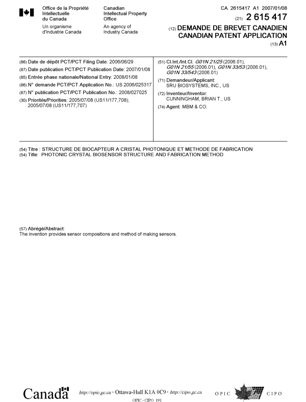 Document de brevet canadien 2615417. Page couverture 20071203. Image 1 de 1