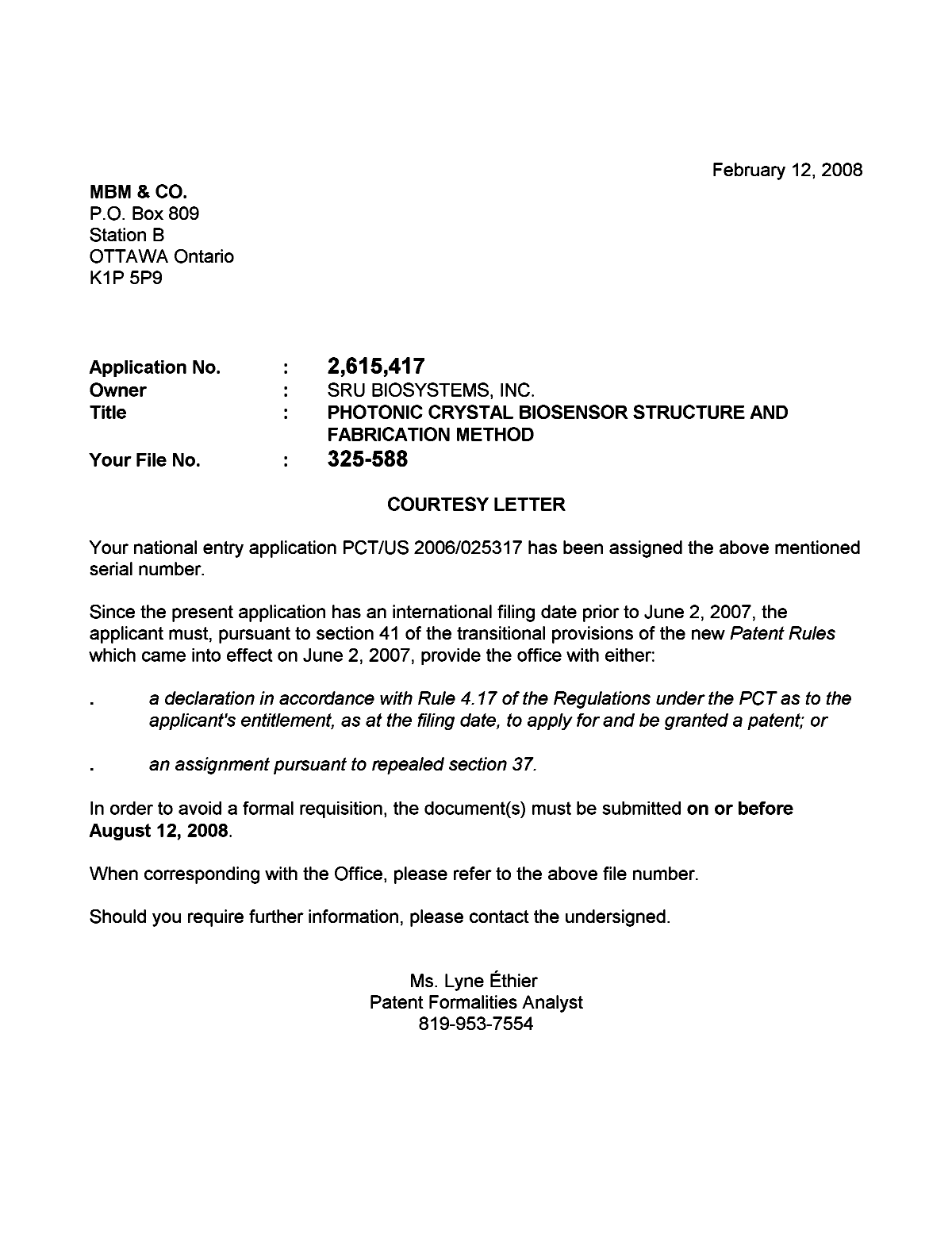 Canadian Patent Document 2615417. Correspondence 20071205. Image 1 of 1