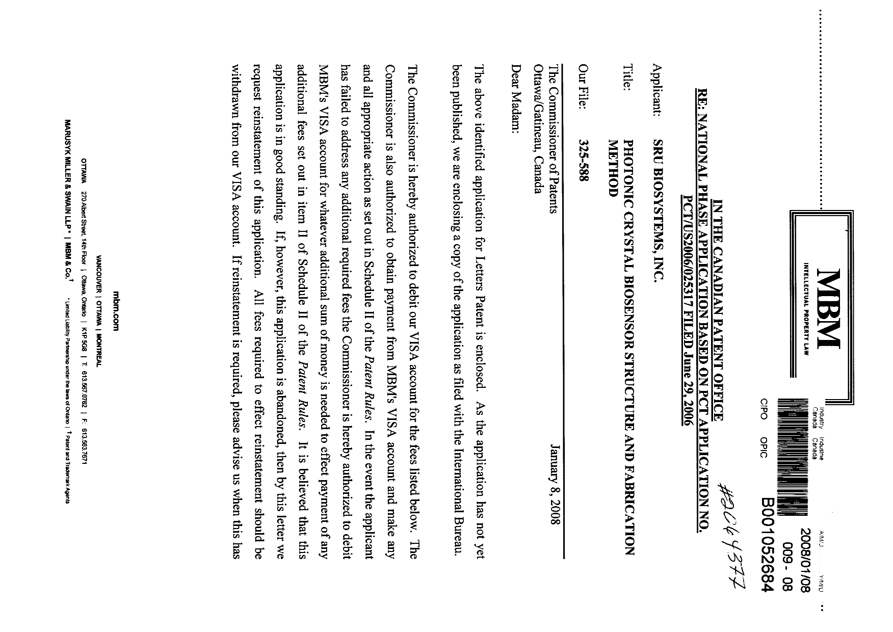 Document de brevet canadien 2615417. Cession 20071208. Image 1 de 4