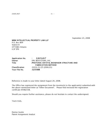 Canadian Patent Document 2615417. Correspondence 20071223. Image 1 of 1