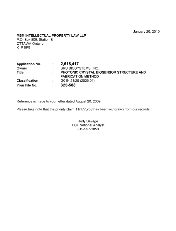Canadian Patent Document 2615417. Correspondence 20091226. Image 1 of 1