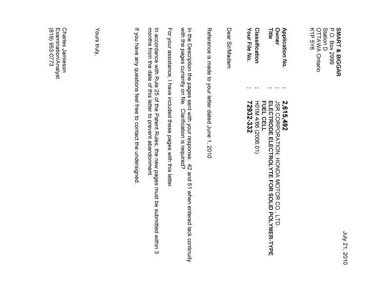 Canadian Patent Document 2615492. Correspondence 20100721. Image 1 of 1