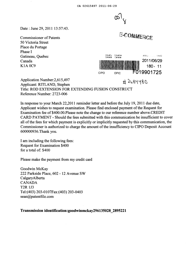 Canadian Patent Document 2615497. Prosecution-Amendment 20110629. Image 1 of 1