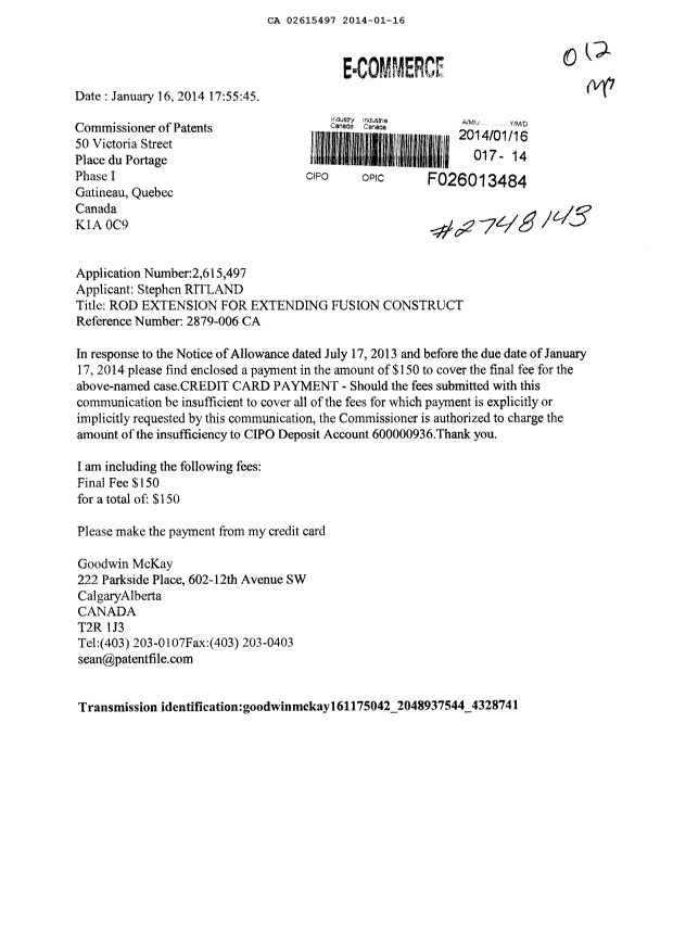 Document de brevet canadien 2615497. Correspondance 20140116. Image 1 de 1